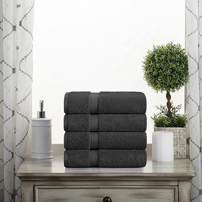 BLUENILEMILLS BNM Egyptian Cotton 4-Piece Towel Set, Includes 4 Hand Towels, Attached Loop for Easy Hanging and Storage, Hotel Quality, Perfect for Bathroom, Gym, Shower Space, or Spa, Charcoal