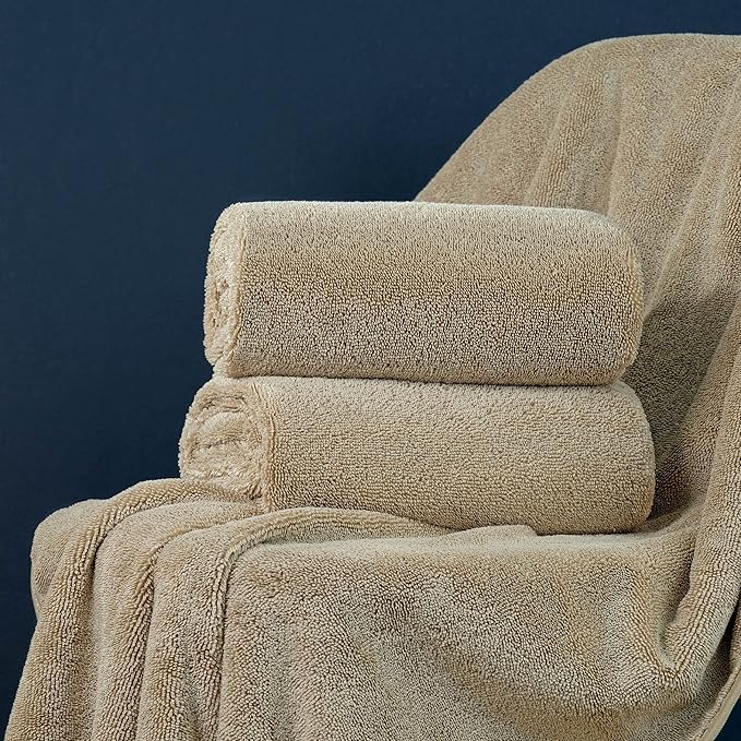 POLYTE Ring Spun Microfiber Oversize Quick Dry Lint Free Bath Towel, 60 x 30 in, Pack of 2 (Beige)