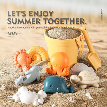 MarcZero 11Pcs Silicone Beach Toys,Modern Baby Beach Toys,Travel Friendly Beach Set,Eco Friendly Toy,Silicone Bucket, Shovel, 8 Sand Molds, Beach Bag,Silicone Sand Toys for Toddlers, Kids (Yellow)
