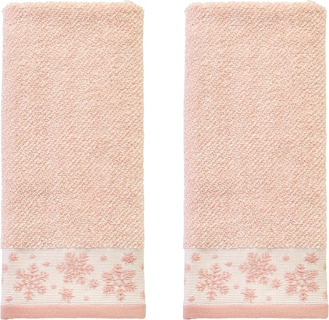 SKL Home Christmas/Winter Heather Snowflake 100% Cotton Premium 2-Piece Hand Towel Set, 500 GSM, Soft & Absorbent Jacquard, Decorative for Bath/Kitchen/Bar, Blush Pink