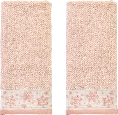 SKL Home Christmas/Winter Heather Snowflake 100% Cotton Premium 2-Piece Hand Towel Set, 500 GSM, Soft & Absorbent Jacquard, Decorative for Bath/Kitchen/Bar, Blush Pink