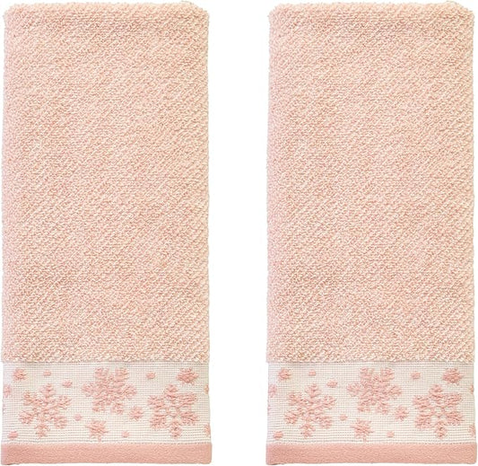 SKL Home Christmas/Winter Heather Snowflake 100% Cotton Premium 2-Piece Hand Towel Set, 500 GSM, Soft & Absorbent Jacquard, Decorative for Bath/Kitchen/Bar, Blush Pink