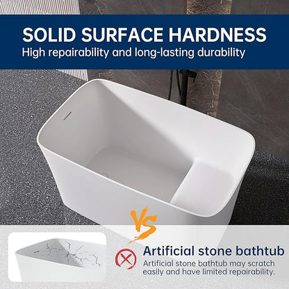 47" Stone Resin Freestanding Bathtub, Freestanding Bathtub with seat,Oval Solid Surface Japanese Soaking Bathtubs with Drain & Integrated Slotted Overflow Matte White MG003-1200
