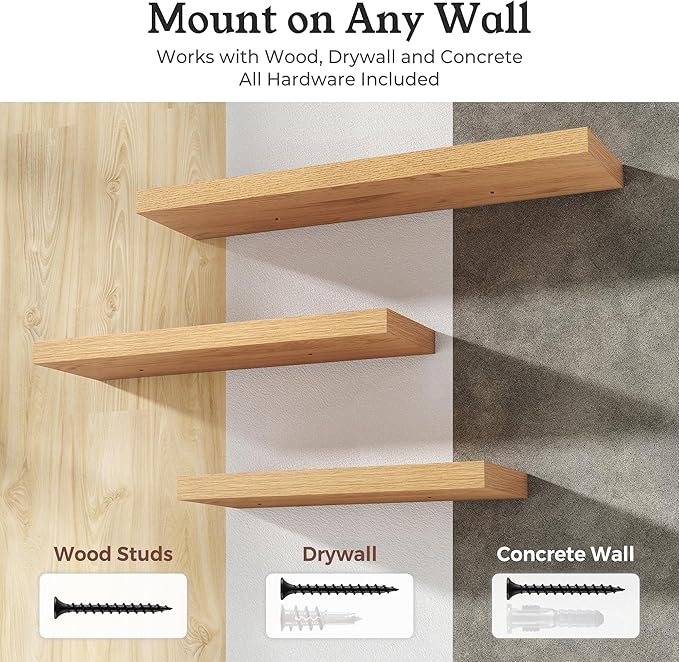 Floating Shelves for Wall, 9.3" Deep Wall Mounted Wood Shelves for Bathroom, Bedroom, Living Room, Kitchen, Hanging Shelf for Books/Storage/Room Decor (Oak, 24")