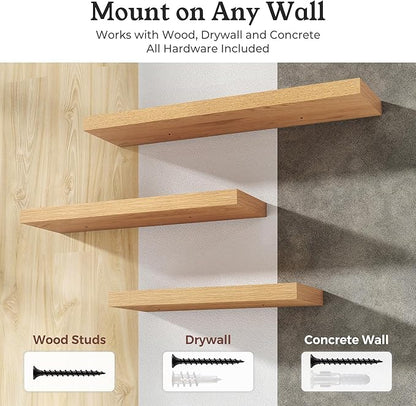 Floating Shelves for Wall, 9.3" Deep Wall Mounted Wood Shelves for Bathroom, Bedroom, Living Room, Kitchen, Hanging Shelf for Books/Storage/Room Decor (Oak, 55")