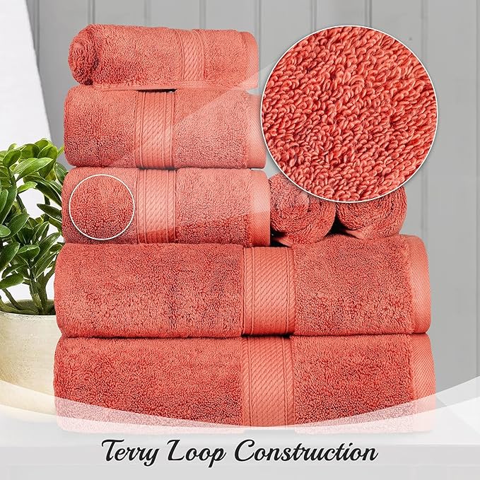 BLUENILEMILLS Madison Egyptian Cotton Towels, Towel Set for Bathroom, Shower, Hotel, Plush, 800 GSM, Highly Absorbent and Ultra-Soft Towels, Bath Essentials, 8 Piece Assorted Towel Set, Coral