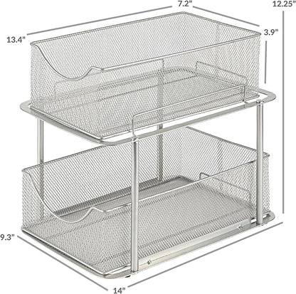 Sorbus 2 Tier Metal Under Sink Organizer for Bathroom, Kitchen, Strong Steel Mesh Sliding Drawers for Under Sink, Under Cabinet, Closet, Kitchen, Pantry, Bathroom Organizers and Storage (Silver)