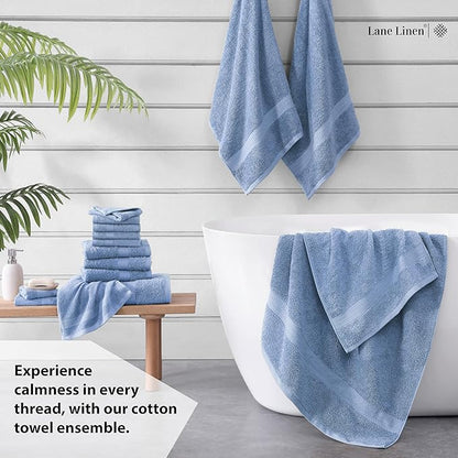 LANE LINEN 100% Cotton Premium Bathroom Towels Set - 16 Pieces - Ring Spun, Quick Dry, Super Soft & Highly Absorbent - 4 Bath, 8 Washcloths, 4 Hand Towels for Bathroom - Pre Shrunk - Cerulean Blue