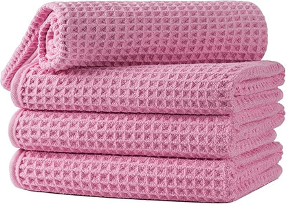 Microfiber Waffle Hand Towels, 4 Pieces, Soft, Absorbent, Fast Drying, Lint Free (Pink)