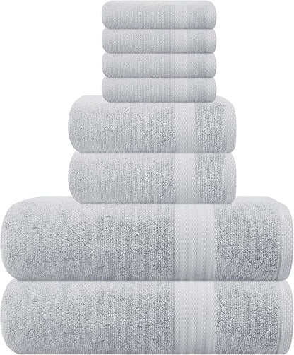 GLAMBURG Ultra Soft 8 Piece Towel Set - 100% Pure Ring Spun Cotton, Contains 2 Oversized Bath Towels 27x54, 2 Hand Towels 16x28, 4 Wash Cloths 13x13 - Ideal for Everyday use, Hotel & Spa - Light Grey