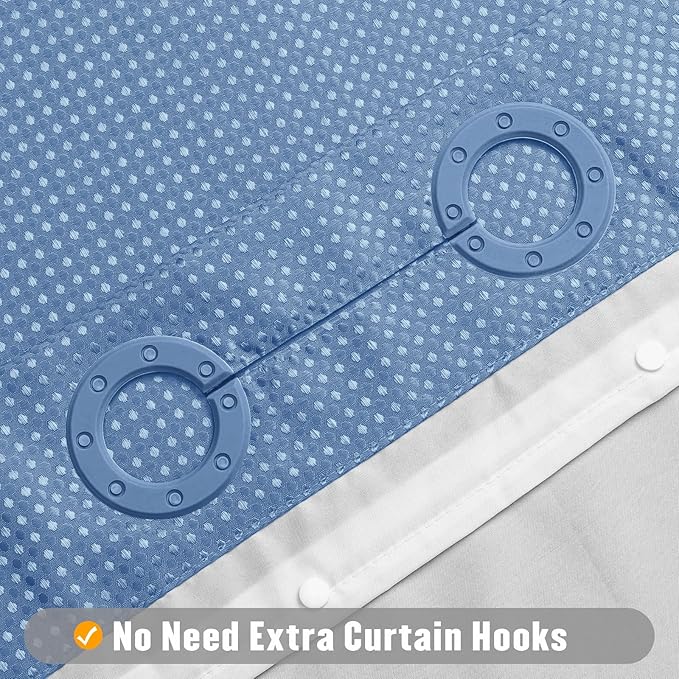 MitoVilla Blue Long Shower Curtain Liner Set 72 x 80, No Hooks Needed 80 inch Long Heavyweight Waffle Fabric Shower Curtain Set with Snap-in Liner for Hotel Grade Spa-Like Bathroom Decor