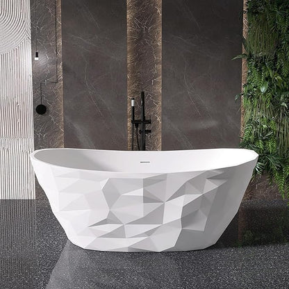 64'' Stone Resin Solid Surface Freestanding Bathtub, Modern Elegant Design Soaking Stand Alone Tub, Diamond Pattern Matte White, Drain and Overflow Included 019-1630