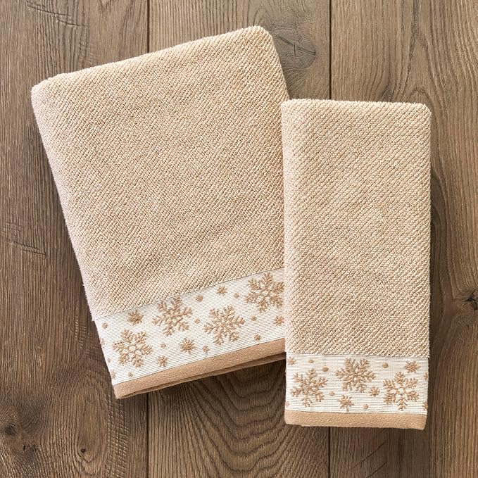 SKL Home Christmas/Winter Heather Snowflake 100% Cotton Premium Bath Towel, 500 GSM, Soft & Absorbent Jacquard, Decorative, Tan
