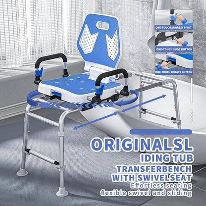 Sliding Shower Chair Swivel Tub Transfer Bench with Backrest with Non Slip Suction Cups 400lbs Weight Capacity Adjustable Height Shower Seat for Elderly Disabled Bathing Inside Shower