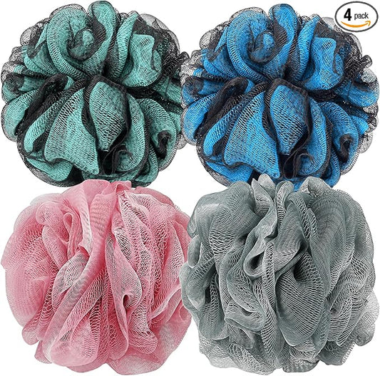 Bath Shower Loofah Sponge 60g Bath Mesh Pouf Shower Ball Body Scrubber Exfoliating Bath Sponge for Women and Men, Set of 4, Blue