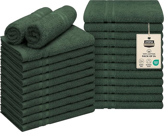 Utopia Towels Cotton Bleach Proof Salon Towel 16 by 27 inches, Bleach Safe Gym 100% Cotton Hand Towel, 24 Pack, Forest Green