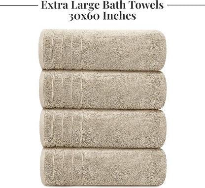 Tens Towels Pack of 4 Extra Large Bath Towels 30 x 60 Inches, 100% Cotton, Larger & Lighter Weight, Quicker to Dry, Super Soft and Absorbent, Perfect for Bathroom, Beige