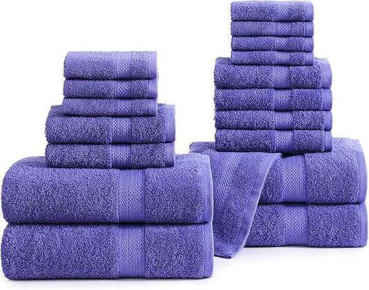 LANE LINEN Cotton Bath Towel Set - 18 PCs - 4 Shower Towels, 8 Washcloths, 6 Turkish Hand Towels for Bathroom - Sustainably Produced, Ultra Soft & Absorbent - Blue Irish