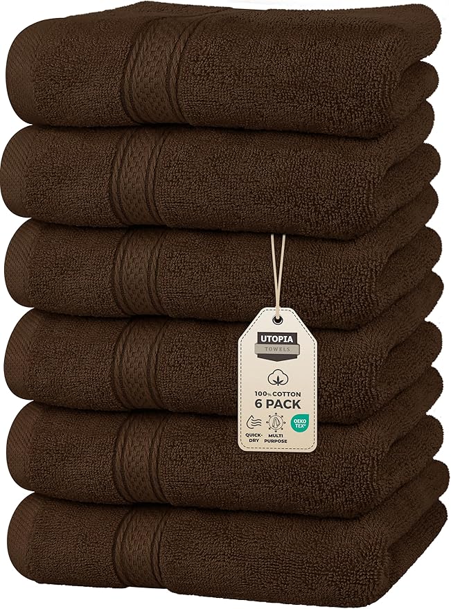 Utopia Towels 6 Pack Premium Hand Towels Set, 16 by 28 inches, 100% Ring Spun Cotton, Ultra Soft and Highly Absorbent 600GSM Towels for Bathroom, Gym, Shower, Hotel, and Spa, Dark Brown