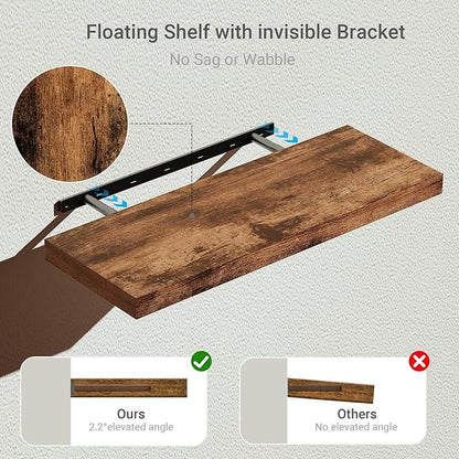 Vivelove Bathroom Floating Shelves for Wall, 24 inchs 9.1” Deep Wall Shelves for Bathroom Bedroom, Living Room, Kitchen, Office, Rustic Farmhouse Shelf Decor with Invisible Bracket, Set of 2