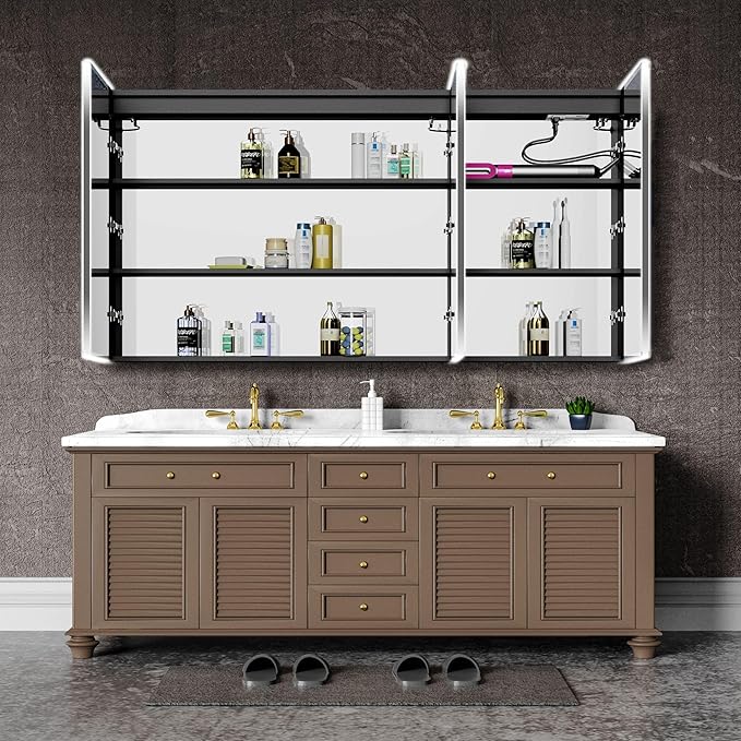LED Medicine Cabinet Mirror, 60”W x 36”H Bathroom Medicine Cabinets with Defogger, Dimmer, Outlets & USB, Wall Mounted