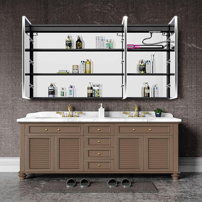 LED Medicine Cabinet Mirror, 60”W x 36”H Bathroom Medicine Cabinets with Defogger, Dimmer, Outlets & USB, Wall Mounted