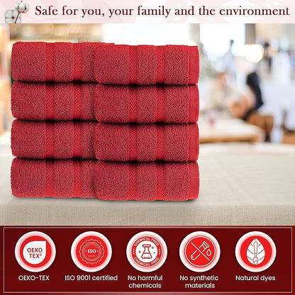 HALLEY Turkish 8 Pack Premium Washcloths (8 Pieces) 650 GSM Highly Absorbent Super Soft 100% Cotton - 8 Washcloths (Red)