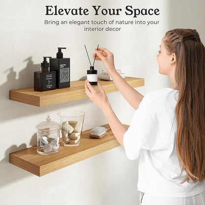 Floating Shelves for Wall, 9.3" Deep Wall Mounted Wood Shelves for Bathroom, Bedroom, Living Room, Kitchen, Hanging Shelf for Books/Storage/Room Decor (Oak, 24")