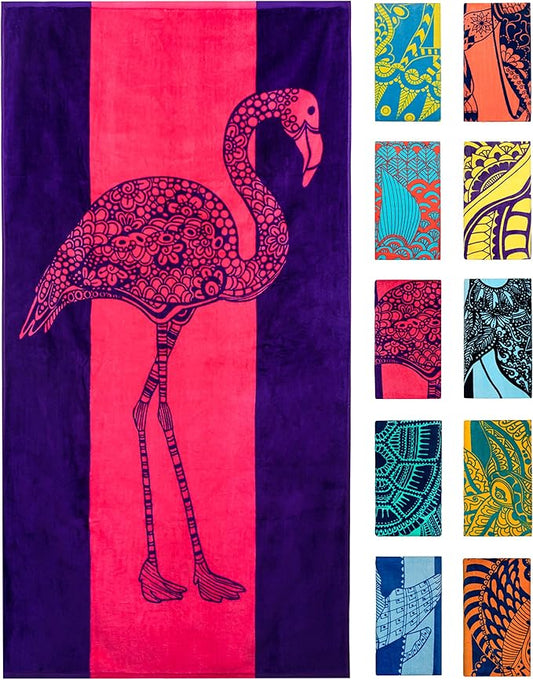 Nova Blue Flamingo Beach Towel – Pink and Purple with A Cute Design, Extra Large, XL (34”x 63”) Absorbent & Portable, Lightweight, Pink Beach Towel, Made from 100% Cotton