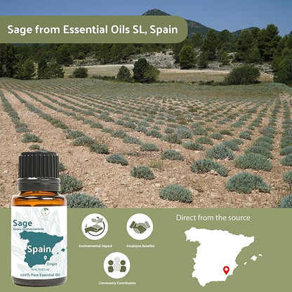 Sage Essential Oil - Direct from Essential Oils SL Spain - Steam Distilled - Aceite Esencial de Salvia for Aromatherapy, Massage, Diffuser, DIY Candle and Soap Making - 22lbs