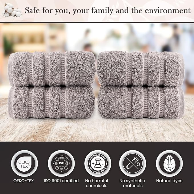 HALLEY Turkish 4 Pack Premium Hand Towels (4 Pieces) 650 GSM Highly Absorbent Super Soft 100% Cotton - 4 Hand Towels (Gray)