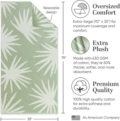 Laguna Beach Textile Co. Tropical Cabana Beach Towel - Oversized, Plush 630 GSM Cotton - Agave Green
