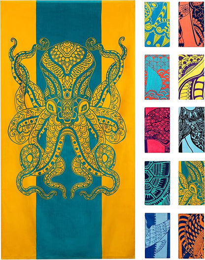 Nova Blue Octopus Beach Towel (34 X 63) – Orange & Teal Colorway with Tropical Design Travel Beach Towels Made from 100% Cotton – Vibrant Colorful Blanket Towel –Beach Towel for Adults