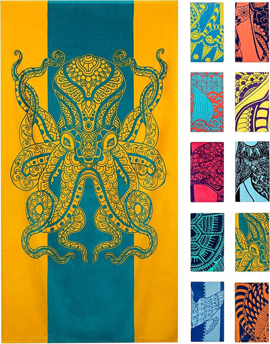 Nova Blue Octopus Beach Towel (34 X 63) – Orange & Teal Colorway with Tropical Design Travel Beach Towels Made from 100% Cotton – Vibrant Colorful Blanket Towel –Beach Towel for Adults