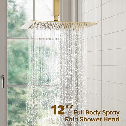 ESNBIA Gold Shower Head System, All Metal 12 Inches Ceiling Shower Faucet Set with Valve, Rain Shower Head with Handheld Spray Combo, Brushed Gold