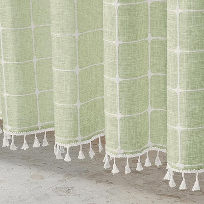 MitoVilla No Hooks Needed Boho Farmhouse Shower Curtain with Snap-in Liner, Cotton Linen Fabric Shower Curtains with Tassels for Rustic Neutral Bathroom Decor, Sage Green, 72 x 74