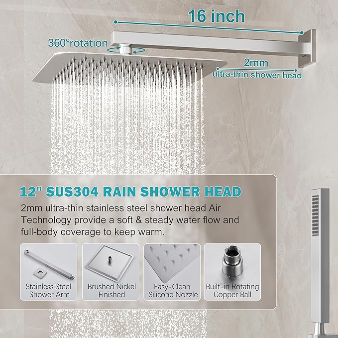 Shower System, Brushed Nickel Shower Faucet Set with 12-Inch Rain Showerhead and Handheld Spray, Wall Mounted High-Pressure Showerhead Combo Set Included Valve and Trim, Brushed Nickel