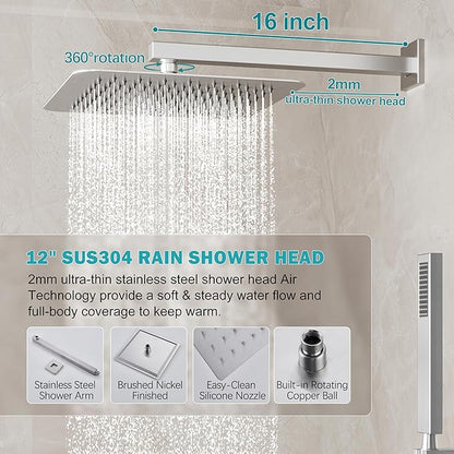 Shower System, Brushed Nickel Shower Faucet Set with 12-Inch Rain Showerhead and Handheld Spray, Wall Mounted High-Pressure Showerhead Combo Set Included Valve and Trim, Brushed Nickel