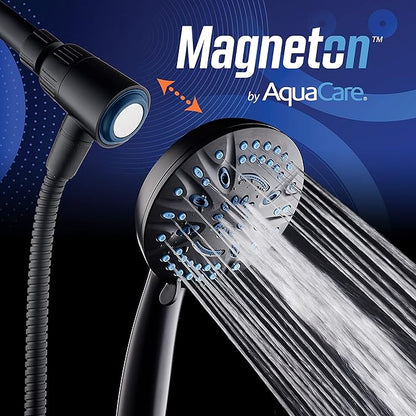 AquaCare Magneton High-Pressure 8-mode Handheld Shower Head with Magnetic Guidance Docking System - 2 Magnetic Brackets, 5 inch Face, Hygienic Jets, 6 ft. Stainless Steel Hose/Matte Black Finish