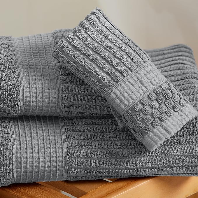 Springtree Home 100% Cotton Bath Towel Set 6 Piece Set | Super Soft & Absorbent Quick-Dry 2 Bath Towels 2 Hand Towels & 2 Washcloths |Textured and Durable Cotton | Krista Collection (Ultimate Grey)