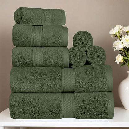 Superior Egyptian Cotton Pile 8 Piece Towel Set, Includes 2 Bath, 2 Hand, 4 Face Towels/Washcloths, Ultra Soft Luxury Towels, Thick Plush Essentials, Guest Bath, Spa, Hotel Bathroom, Forest Green