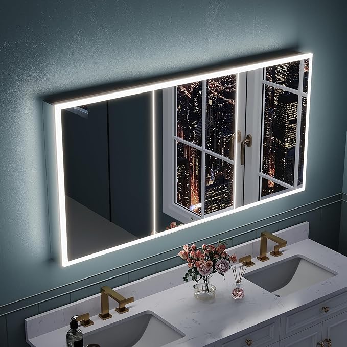 WELLFOR 60" X 30" LED Mirrored Bathroom Cabinet with 3X Magnification Makeup Mirror, Medicine Cabinet with Defog Mirror, Dimmer, Outlets & USB Ports, Bathroom Mirrored Cabinet with Three Opening Doors