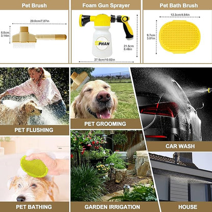 Giant Pet Washing Hose Attachment, 6-in-1 Soap Sprayer Moden Garden Hose Nozzle with 1000cc Soap Dispenser, Dog Bath Brush & Pet Comb, for Watering, Car Wash, Dog and Horse Showering (Yellow)