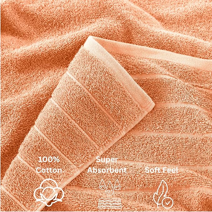 Casa Platino 100% Cotton Bathroom Towel Set - 8 Pc - Ringspun, Quickdry, Super Soft & Highly Absorbent - 2 Large Bath Towels, 4 Washcloths, 2 Hand Towel - Pre Shrunk & Fade Resistant - Peach Fuzz