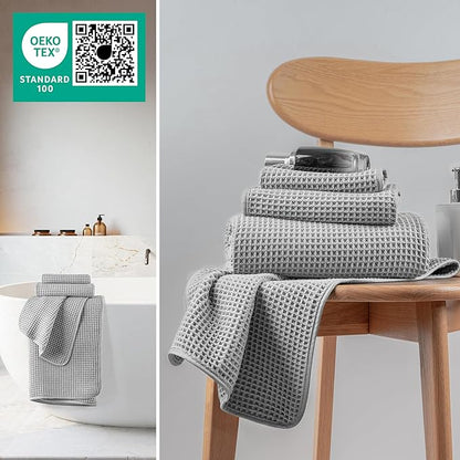 New Microfiber Waffle Bath Towels, 3 Pieces, Oversized, Soft, Absorbent, Fast Drying, Lint Free, Includes Bath, Face and Hand Towels (Silver)