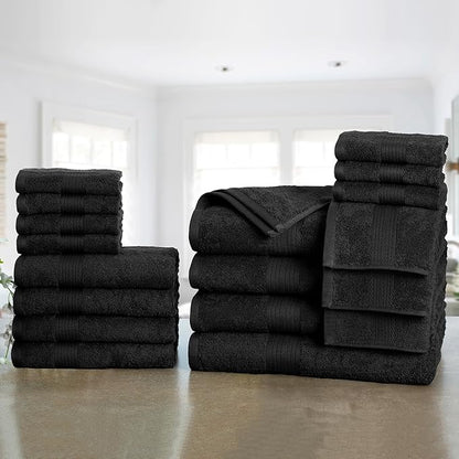 Ample Decor Bathroom Towel Set of 18-4 Hand Towel, 4 Bath Towel, 10 Wash Cloths - Oeko Tex Certified 600 GSM 100% Cotton - High Absorbency Quick Drying, Ideal for Gifting - Black