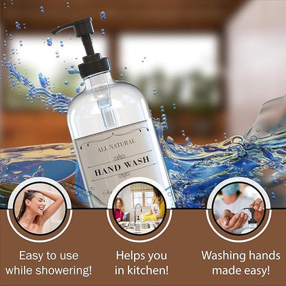 16 OZ Thick Clear Glass Soap Dispenser with Pump 2 Pack, Hand and Dish Soap Dispenser Set for Bathroom and Kitchen with 6 Waterproof Labels
