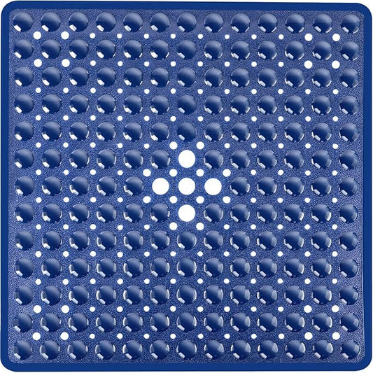 Square Shower Bathtub Mat Non Slip for Inside Shower Navy Blue 21x21 Inch, Shower Stall Mats for Bathroom Floor, Soft Bath Mat for Tub with Big Suction Cups Drain Holes, Easy Washable Dry