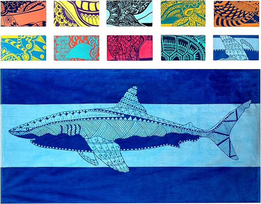 Nova Blue Shark Beach Towel – Blue with A Tropical Design, Extra Large, XL (34”x 63”) Cool Hawaiian, Navy Beach Towel with Light Blue Stripe, Made from 100% Cotton