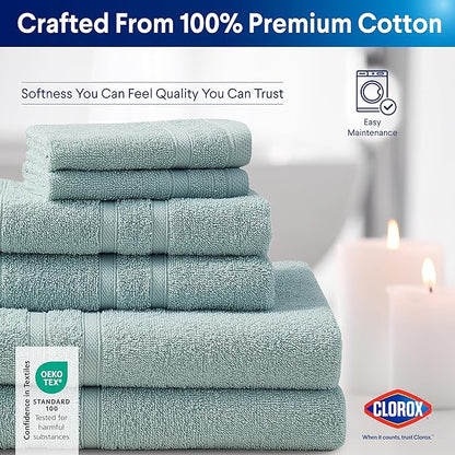 CLOROX Bleach Friendly Towels, Quick Dry, 100% Cotton Bath Towels (30" x 52"), Highly Absorbent Soft Lightweight, Ideal for Everyday Use, Easy to Wash (2 Pack, Mineral Blue)